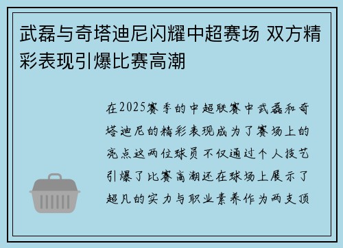 武磊与奇塔迪尼闪耀中超赛场 双方精彩表现引爆比赛高潮