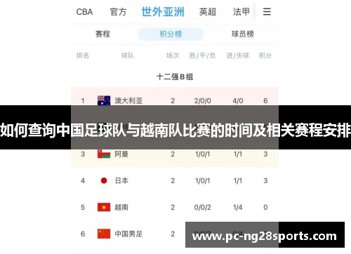 如何查询中国足球队与越南队比赛的时间及相关赛程安排