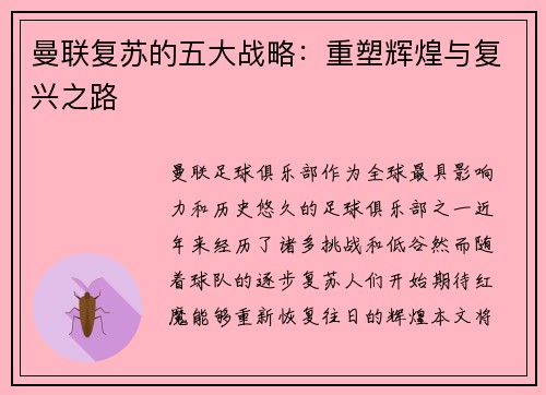 曼联复苏的五大战略：重塑辉煌与复兴之路