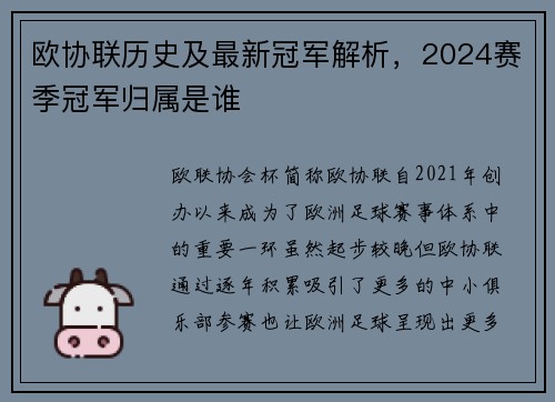 欧协联历史及最新冠军解析，2024赛季冠军归属是谁